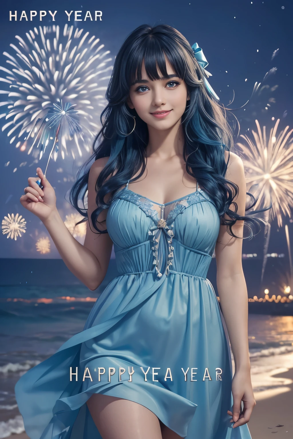 (text in "Happy new year!":1.45), masterpiece, Best Quality, Standing, Lieselotte Cretia, light smile, Long hair, Wavy Hair, Bangs, hair between eye, Hair Bow, Blue eyes, (Blue hair:1), resort dress, Beach, night fireworks scene, cinematic lighting