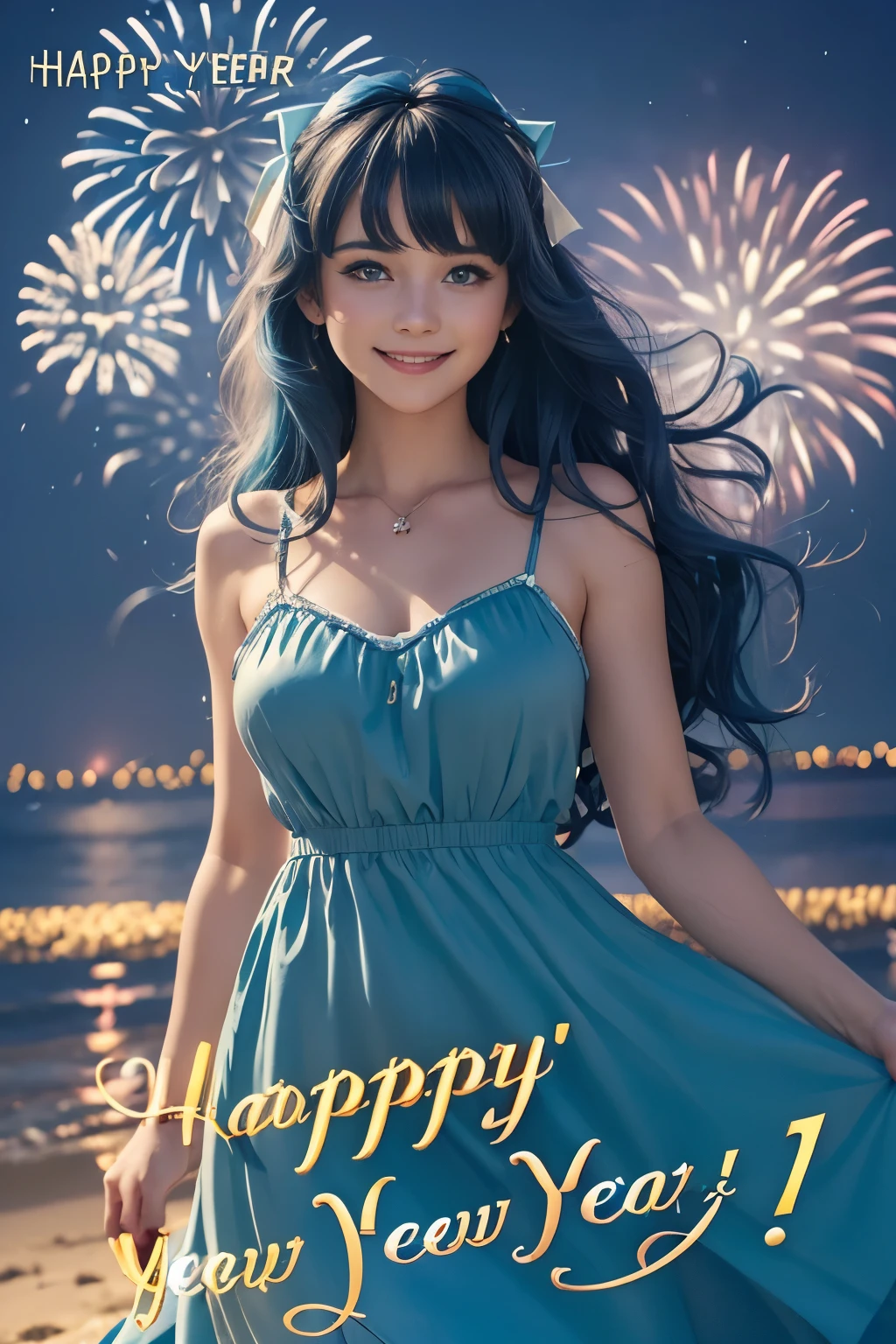 (text in "Happy new year!":1.45), masterpiece, Best Quality, Standing, Lieselotte Cretia, light smile, Long hair, Wavy Hair, Bangs, hair between eye, Hair Bow, Blue eyes, (Blue hair:1), resort dress, Beach, night fireworks scene, cinematic lighting