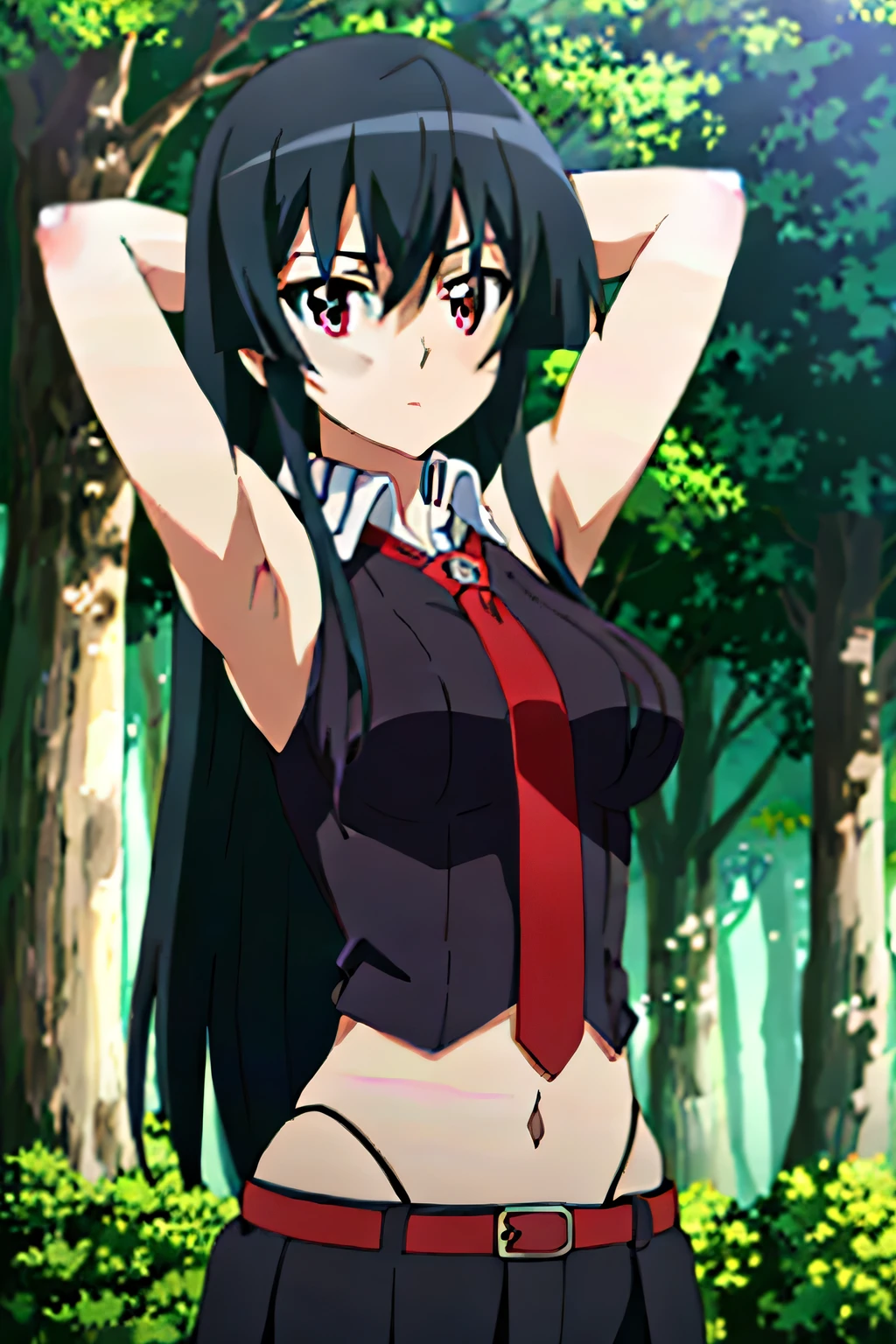 (extremely detailed CG unity 4k wallpaper),(masterpiece),(ultra quality),(ultra-detailed),(best illustration),(best shadow),(absurdres),(detailed background), Akame, 1girl, solo, long hair, black hair, red eyes, necktie, bare shoulders, sleeveless, breasts, night sky, forest, arms behind head, spread armpits, midriff, contrapposto, upper body,