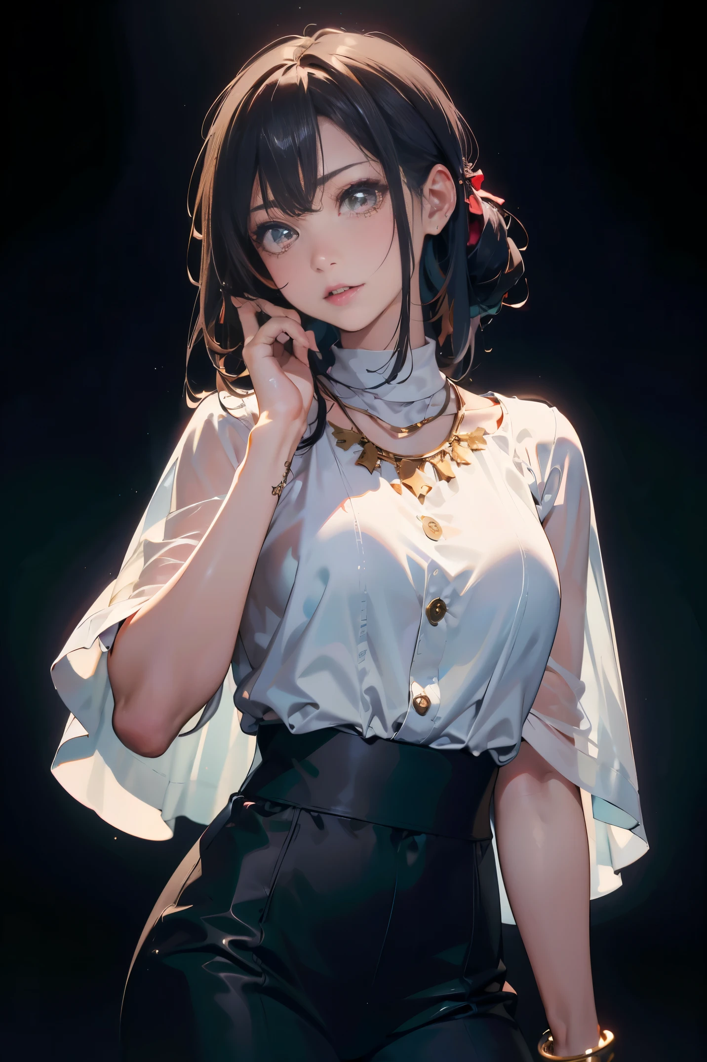 a 20 yo woman、Black blue Hair、poneyTail、(hi-top fade:1.3)、dark themed、Muted Tones、Subdued Color、highly contrast、(natural skin textures、Hyper-Realism、Soft light、sharp)、makeup, mascara, Lips are subdued or colors, simple black background, Minimalism, monotone, simple color palettes, Clean, sharp designs, flowing silhouettes, Tight skirts and pants, high-waisted skirts and pants, simple dresses, shirts and blouses, asymmetrical, geometric, Elegant and luxurious materials and designs, Simple, minimal accessories, Slim necklaces and rings in silver or gold, Simple bangles, Distinctive designs, simple silhouettes, simple and sophisticated style, elegance, minimalism, high quality materials, cool and urban impression, high fashion, simplicity and sophistication,Santa Costumes、Christmas、Christmas cosplay、The background is a Christmas tree、
