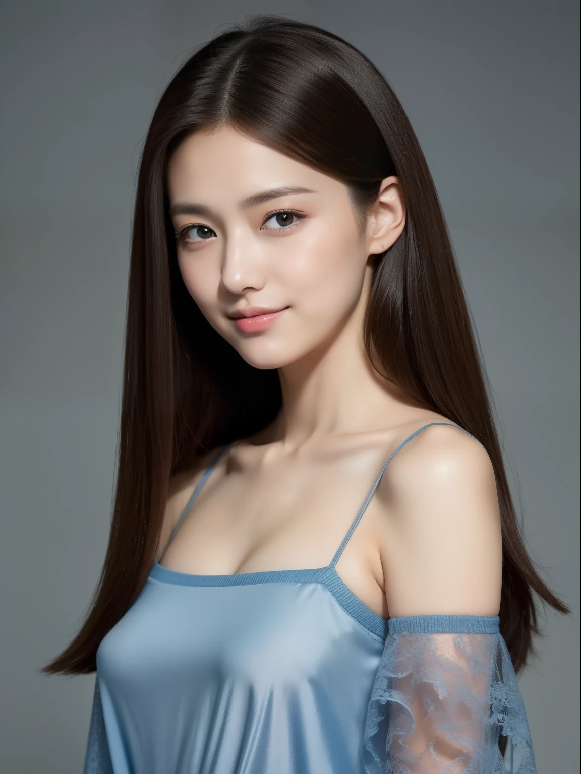Beautiful 21 year old woman。She wears a tight camisole in light blue-gray satin fabric。Black lace at chest and hem.。Sweetie smile。Her dark brown hair is、Her hair is straight long hair。hight resolution、masterpiece、top-quality、headw:1.4、((Hasselblad photo))、Fine skin、fine textured knit、(电影灯光)、鎖骨