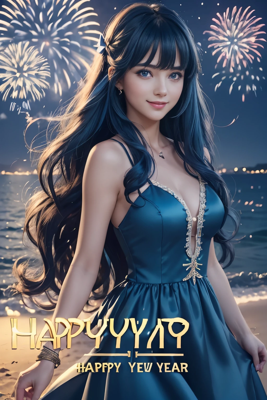 (text in "Happy new year!":1.4), masterpiece, Best Quality, Standing, Lieselotte Cretia, light smile, Long hair, Wavy Hair, Bangs, hair between eye, Hair Bow, Blue eyes, (Blue hair:1), resort dress, Beach, night fireworks scene, cinematic lighting