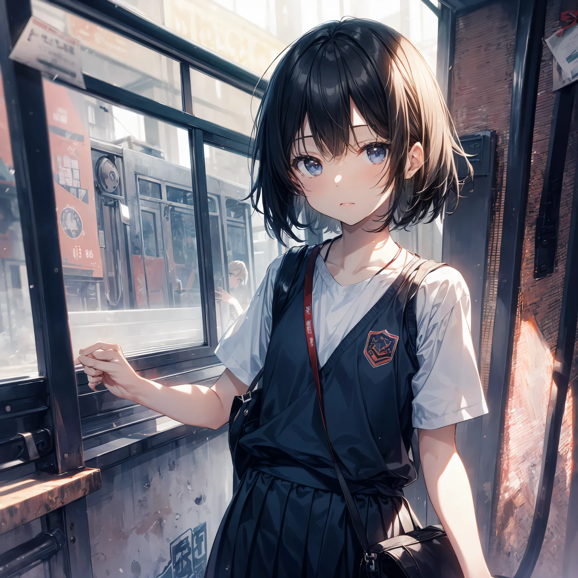 Super high quality by the art god, Ultra-detailed, High resolution, Shinkai Makoto style, anime moe art style, best anime 8K konachan wallpaper, Pixiv Contest Winner, Perfect Anatomy, BREAK,(Please draw a sleepy girl going to school alone.. ),BREAK, a hyperrealistic schoolgirl, (Solo,Lori,child,13years:1.3),Full limbs, complete fingers,a junior high school student, Androgynous attraction, (extra very short hair), hair messy, flat and soft chest, Small butt, groin, Small eyes,Beautiful detailed black eyes, Well-proportioned iris and pupils, disgusted eye, High resolution detailed hair, School uniform, Skirt, On the way to school. BREAK,Ultra-detailed細なスキン, Best lighting by famous artists, 8K, Illustration,