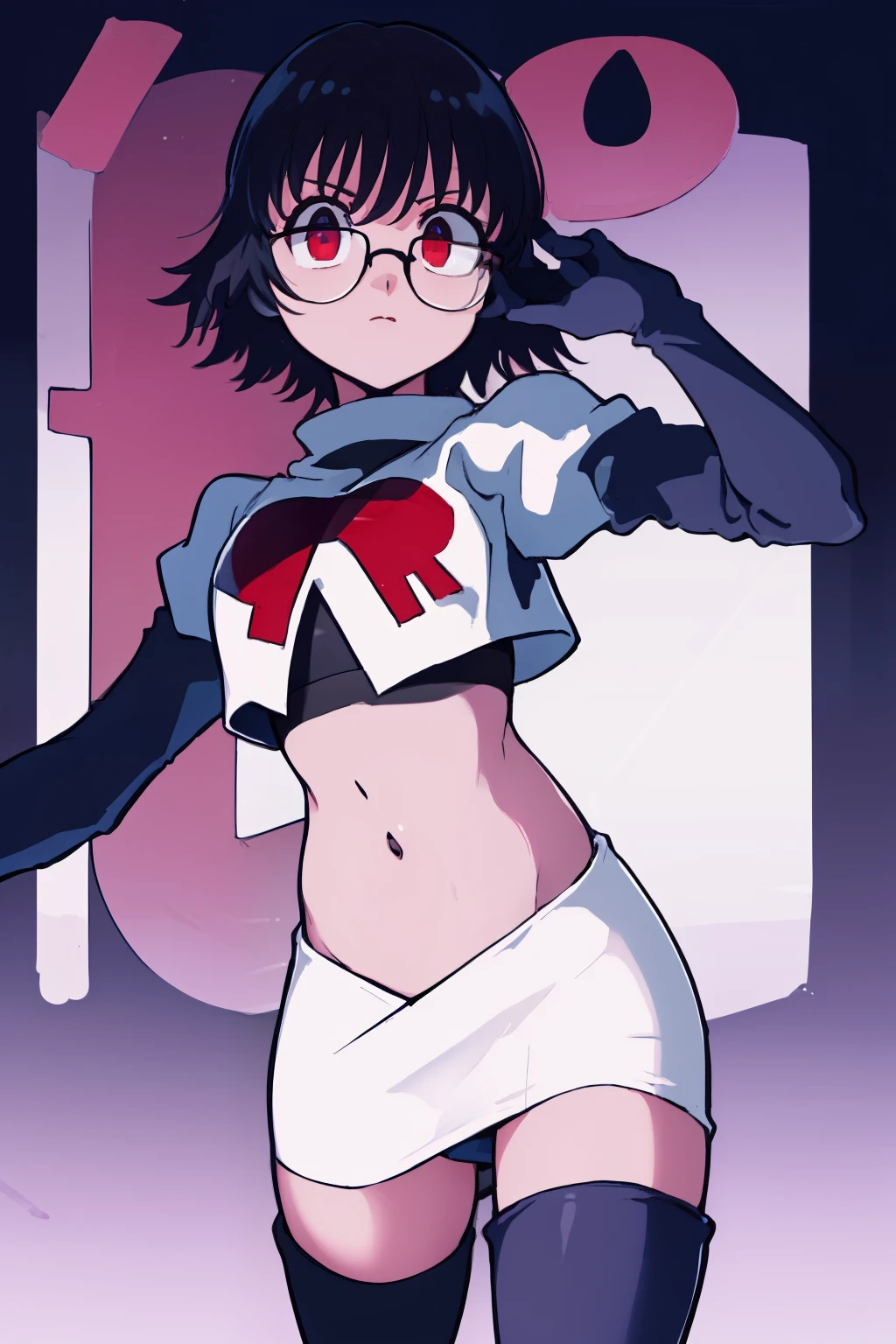 ((masterpiece,best quality)), absurdres,
Shizuku_Murasaki, glasses, stomach tattoo, 
solo, looking at viewer, cowboy shot, 
cinematic composition, team rocket,team rocket uniform,white skirt,red letter R,crop top,black thigh-highs,black elbow gloves