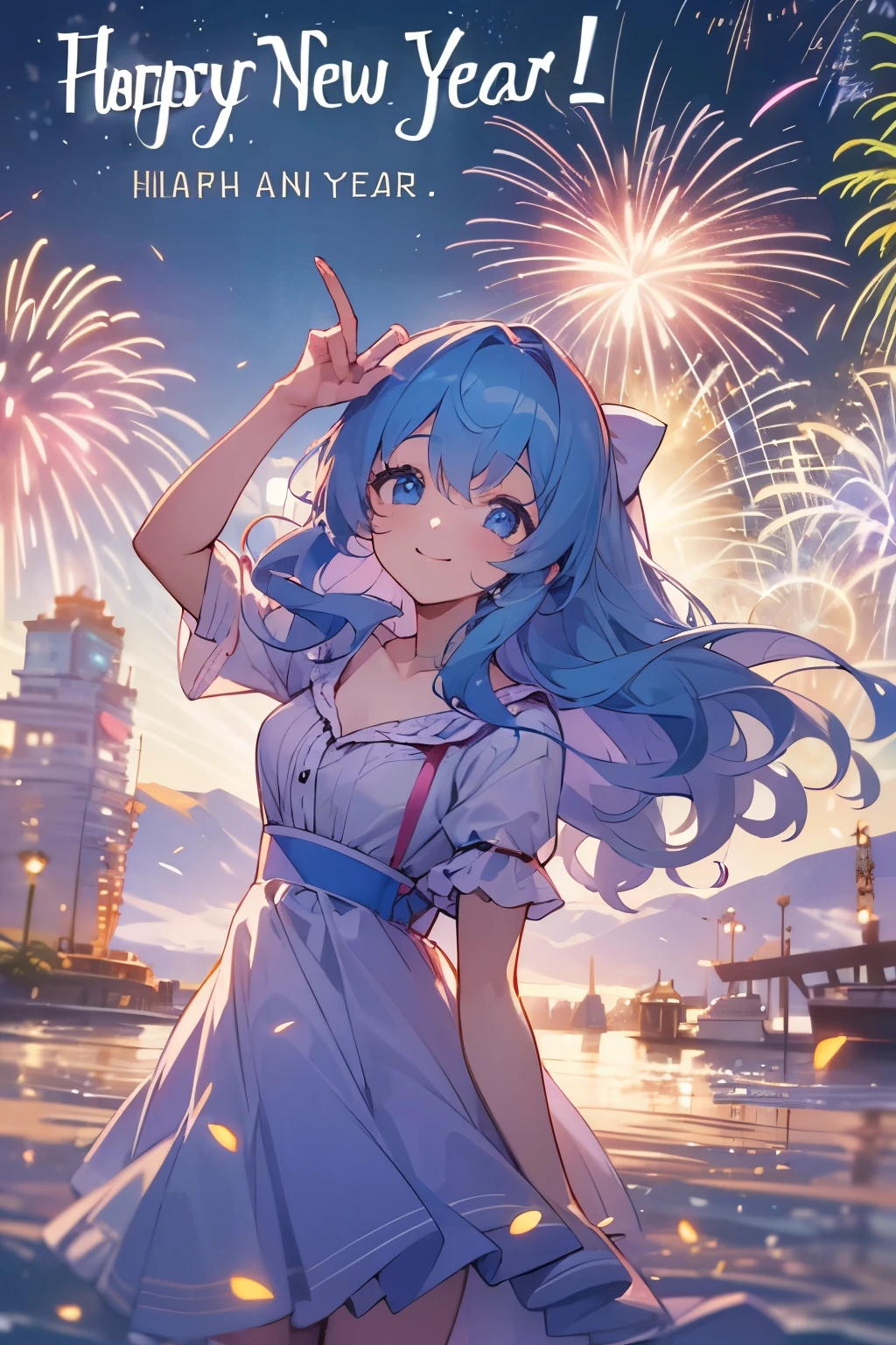 (text in "Happy new year!":1.4), masterpiece, Best Quality, Standing, Lieselotte Cretia, light smile, Long hair, Wavy Hair, Bangs, hair between eye, Hair Bow, Blue eyes, (Blue hair:1), resort dress, Beach, night fireworks scene, cinematic lighting