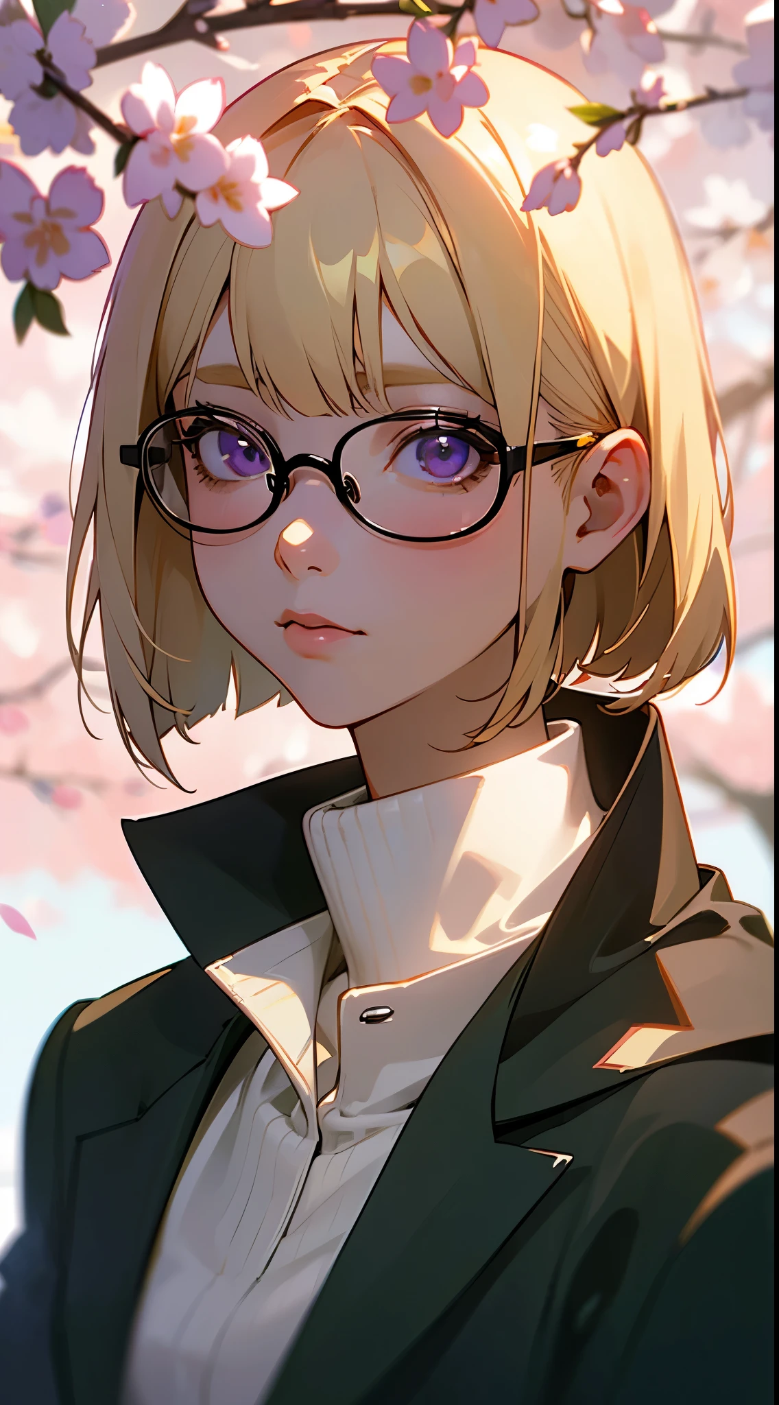 An 18-year-old woman、a blond、Short bob cut, Straight hair、Purple eyes、Dark green jacket、White Turtleneck Shirt、Gray slacks、Red-rimmed glasses、look ahead to the right、Soft lighting that illuminates your face、A park with cherry blossoms、blue-sky、Slightly blur the background with depth of field、upper body close - up