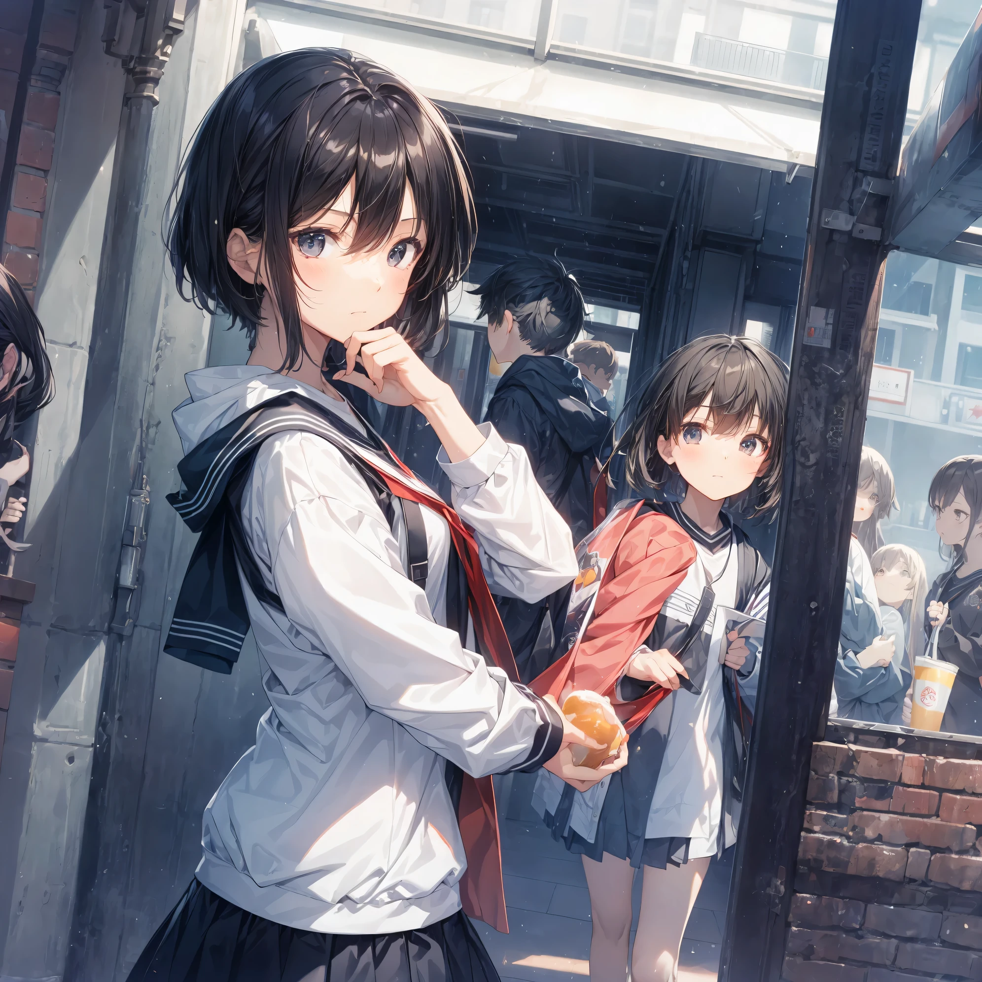 Super high quality by the art god, Ultra-detailed, High resolution, Shinkai Makoto style, anime moe art style, best anime 8K konachan wallpaper, Pixiv Contest Winner, Perfect Anatomy, BREAK,(Please draw a sleepy girl going to school alone.. ),BREAK, a hyperrealistic schoolgirl, (Solo,Lori,,13yea:1.3),Full limbs, complete fingers,a junior gynous attraction, (extra very short hair), hair messy, flat and soft chest, Small butt, groin, Small eyes,Beautiful detailed black eyes, Well-proportioned iris and pupils, disgusted eye, High resolution detailed hair, School uniform, Skirt, On the way to school. BREAK,Ultra-detailed細なスキン, Best lighting by famous artists, 8K, Illustration,