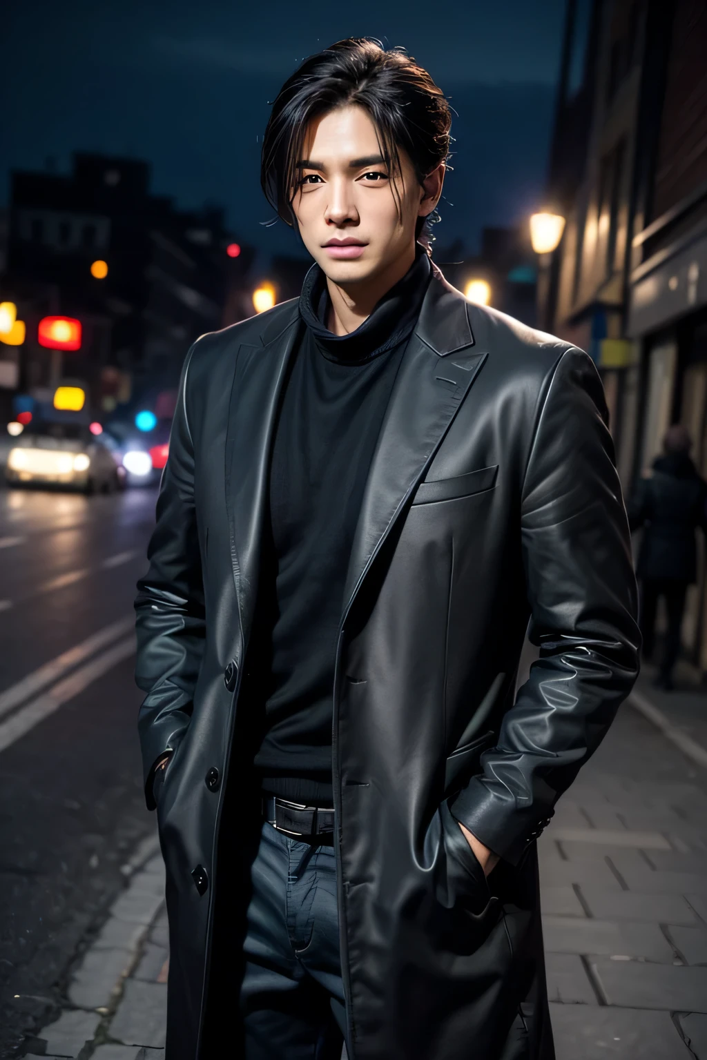 deep in the night,black coat,Attractive man,Live-action photo,Handsome and sunny,(SLR effect,真实感,8K,Hyper-detailing,Absolute realism)