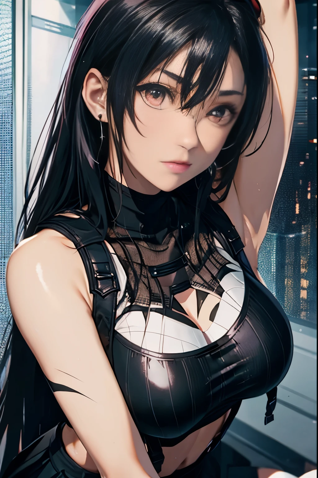 8k,masterpiece, bset quality,big, (1 girl), tifa lockhart, red_eyes, black hair, long hair, professional lighting, (shiny skin: 1.2), shiny big, ((best quality)), sharp focus: 1.2, highly detailed face and skin texture, detailed eyes, perfect face, perfect body, blur art, cg, background, Big breasts, presence (20yo, mature cool and beautiful face), wearing ((suspender black skirt), black elbow gloves, white taut shirt, thigh, white tank top), blush, (mittgal), random pose, top view,