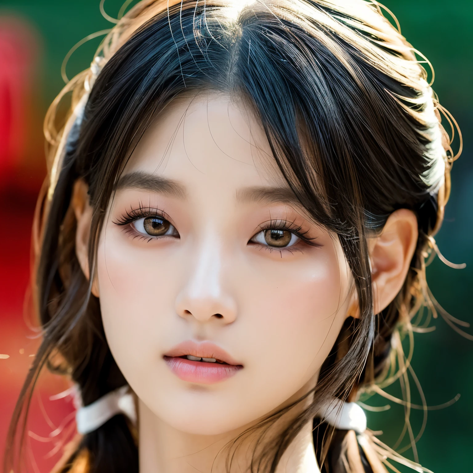 una imagen de una chica de cabello rubio coreana con ojos verdes rasgados con ojos de zorro y maquillaje al estilo douyin con pecas sobre su nariz y mejillas, a small mole under his left eye just like Hong Eunchae from Lesserafim
