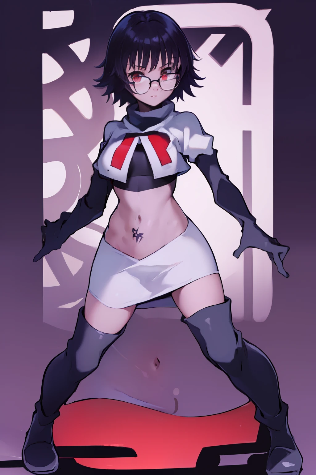 ((masterpiece,best quality)), absurdres,
Shizuku_Murasaki, glasses, stomach tattoo, 
solo, looking at viewer, cowboy shot, 
cinematic composition, team rocket,team rocket uniform,white skirt,red letter R,crop top,black thigh-highs,black elbow gloves