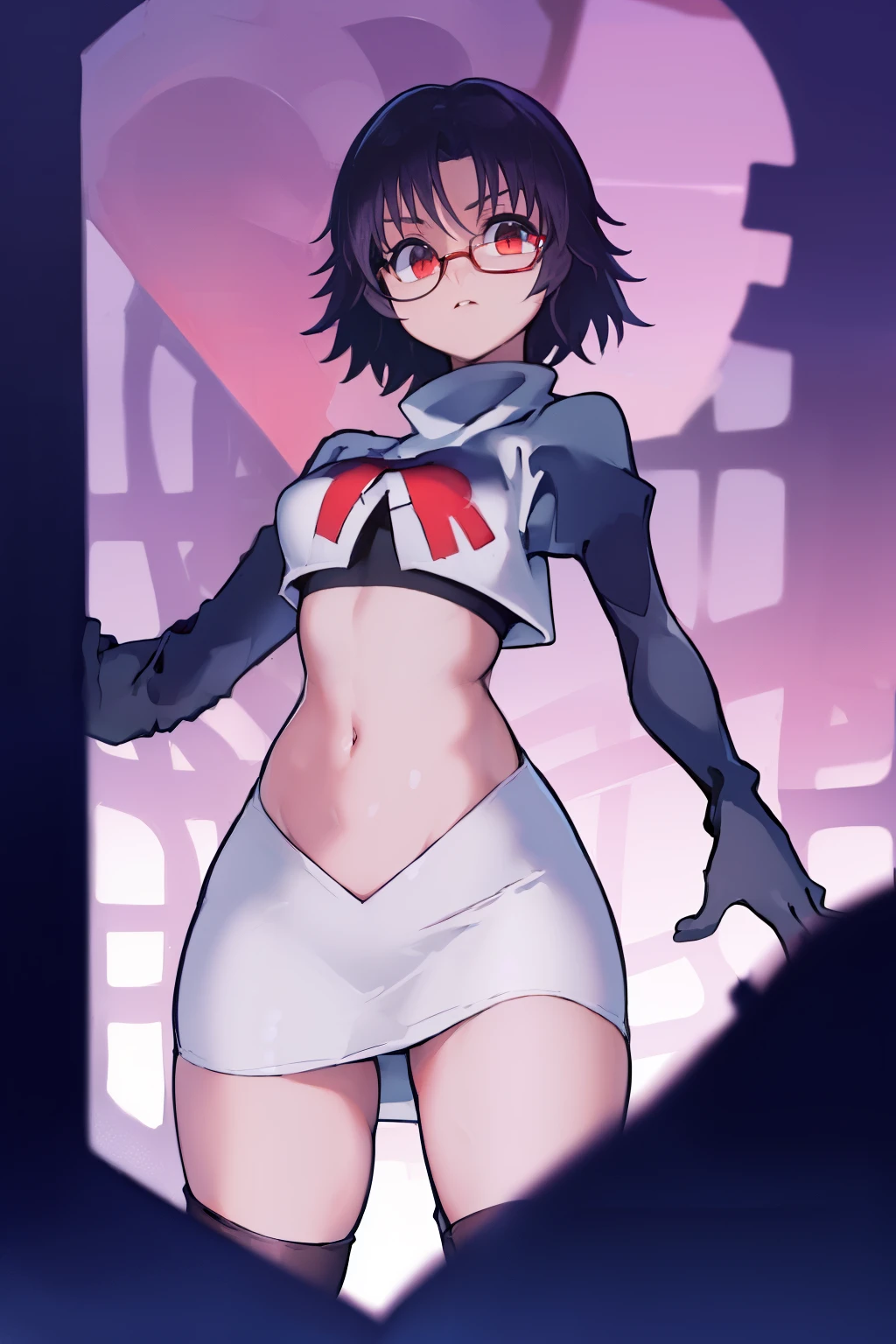 ((masterpiece,best quality)), absurdres,
Shizuku_Murasaki, glasses, stomach tattoo, 
solo, looking at viewer, cowboy shot, 
cinematic composition, team rocket,team rocket uniform,white skirt,red letter R,crop top,black thigh-highs,black elbow gloves