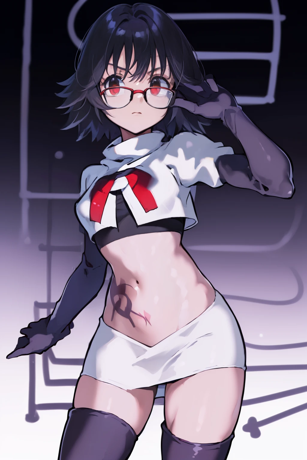 ((masterpiece,best quality)), absurdres,
Shizuku_Murasaki, glasses, stomach tattoo, 
solo, looking at viewer, cowboy shot, 
cinematic composition, team rocket,team rocket uniform,white skirt,red letter R,crop top,black thigh-highs,black elbow gloves