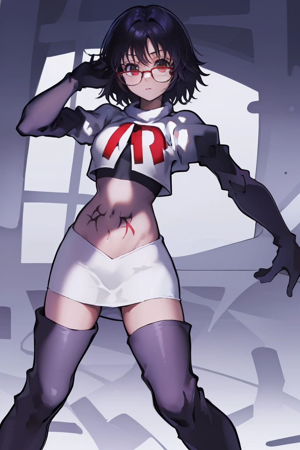 ((masterpiece,best quality)), absurdres,
Shizuku_Murasaki, glasses, stomach tattoo, 
solo, looking at viewer, cowboy shot, 
cinematic composition, team rocket,team rocket uniform,white skirt,red letter R,crop top,black thigh-highs,black elbow gloves