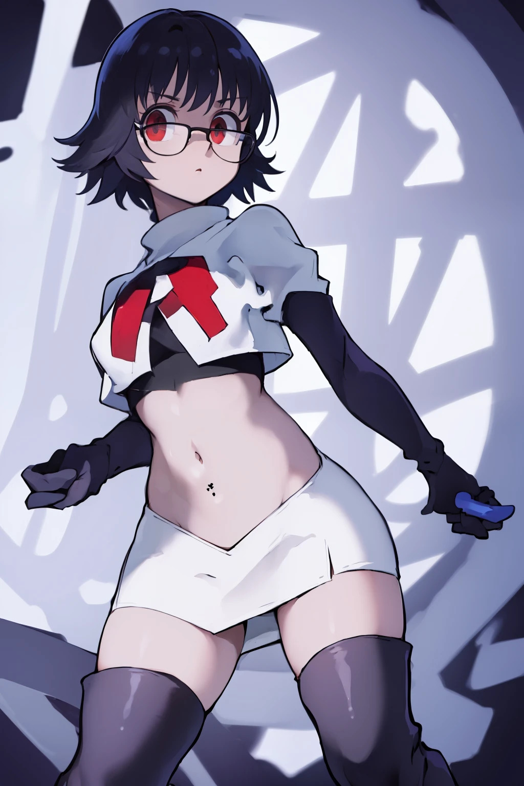 ((masterpiece,best quality)), absurdres,
Shizuku_Murasaki, glasses, stomach tattoo, 
solo, looking at viewer, cowboy shot, 
cinematic composition, team rocket,team rocket uniform,white skirt,red letter R,crop top,black thigh-highs,black elbow gloves