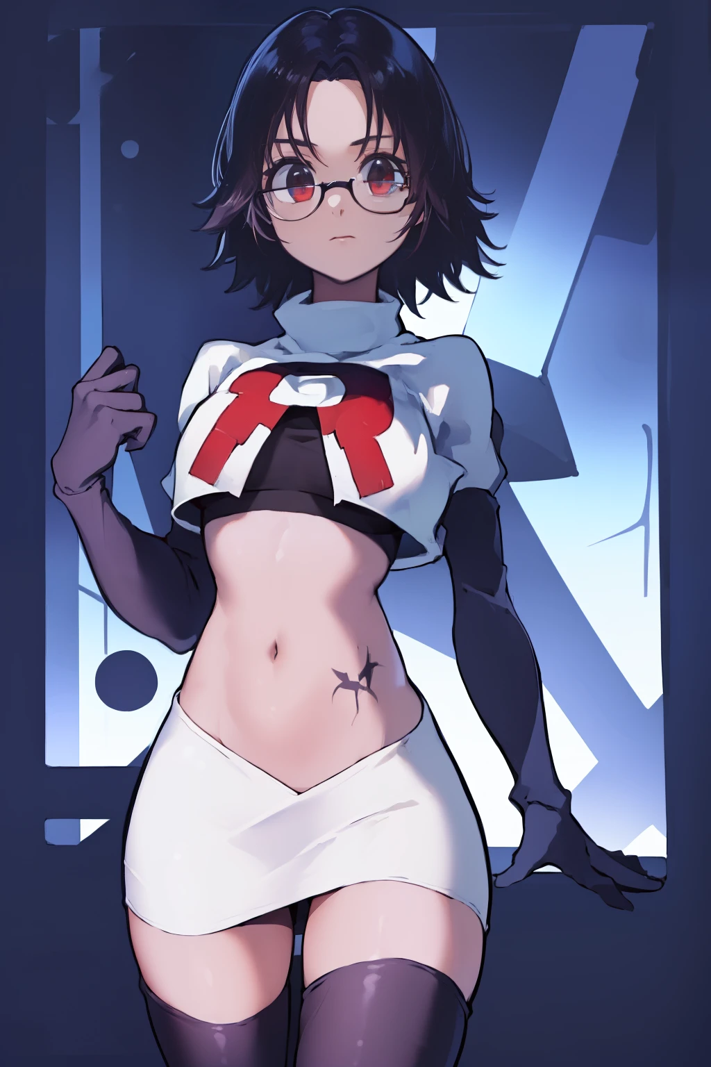 ((masterpiece,best quality)), absurdres,
Shizuku_Murasaki, glasses, stomach tattoo, 
solo, looking at viewer, cowboy shot, 
cinematic composition, team rocket,team rocket uniform,white skirt,red letter R,crop top,black thigh-highs,black elbow gloves