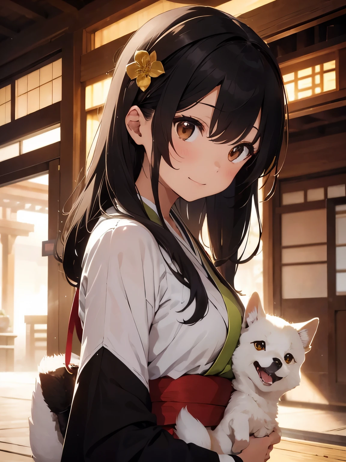 Cute illustration、(1Woman with dark hair、length hair、slim figure、Oriental Green Dragon headband、kimono)、(holding a white shiba inu)、A smile、Sunrise、Lighting from the side