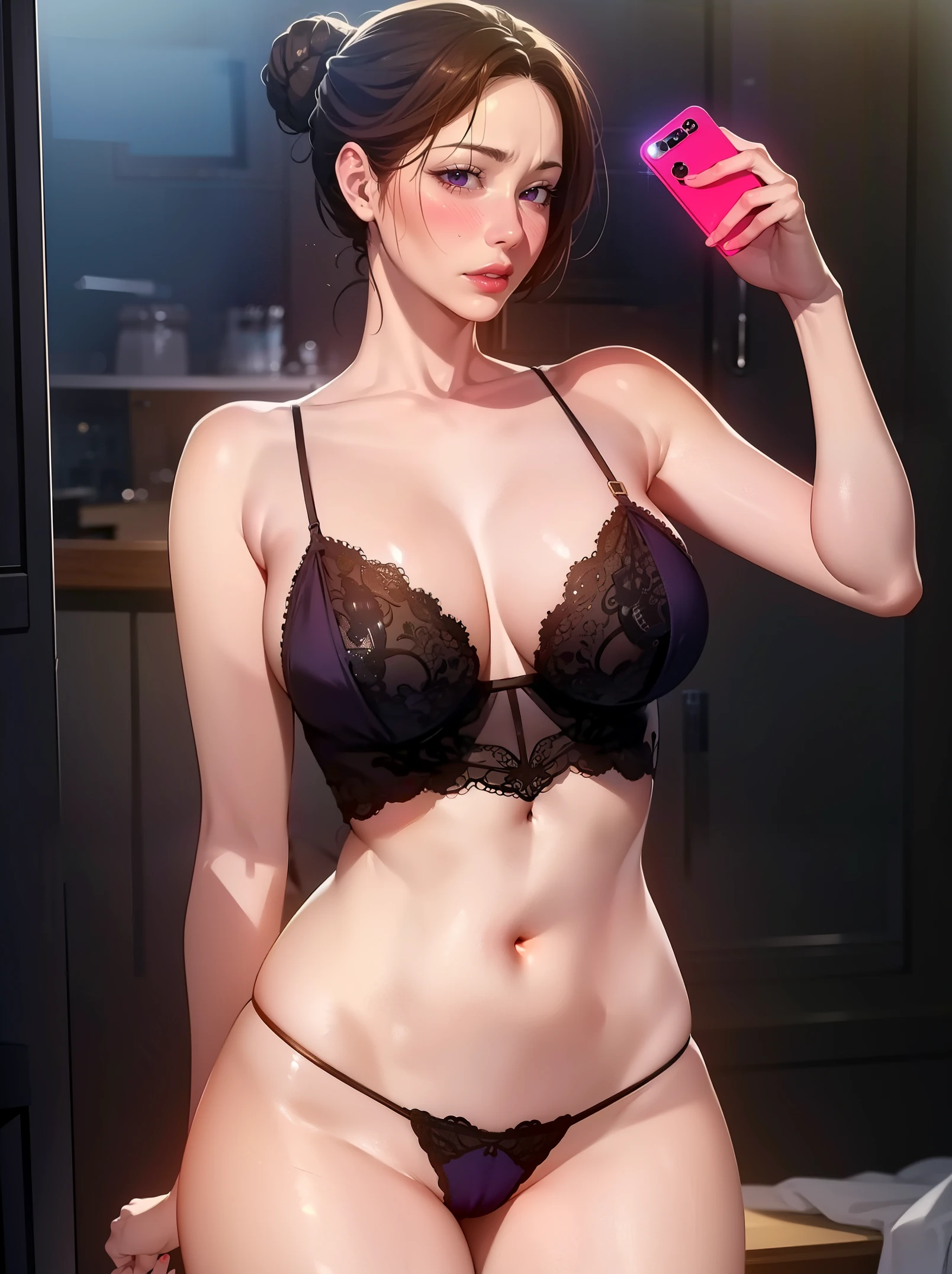 Hyper realistic super detailed sexy (Aunt June (Secret Class)), Very detailed, expressions faciales sexy, seductive facial expressionace detail: 1.4): 0.4], 16K resolution, 4k resolution, dinamic lighting, High definition resolution, (hyper realistic: 1.4),(contrasting background: 1.5), (Anatomy of the hyperrealistic arm), (Hyperrealistic anatomy of the legs), (peau propre), (lighting cinematic: 1.7), (intime), (Technologie NVIDIA RTX Ray Tracing), (Anatomy of the hyperrealistic arm: 2), (Ventre plat parfait), (image couleur),  (Aunt June (Secret Class)), medium breasts , mature female, horny ,16k, glowing eyes, detailed 4k eyes, seduction,sexy lips, parted lips,detailed lips, red lips, hiig purple eyes)), detailed face, shiny skin, auntjunev3, auntjune, hair bun, bangs, messy hair ,  medium breasts, mirror, room, selfie, holding cellphone,  underwear, panties, ass, censored, breasts, panty pull, blush, white panties, mature female, english text, lingerie, cleavage , looking at viewer , masterpiece, best quality, highly detailed, desire, blush, perfect hands, blush, shy, tight gap, skindentation, mirror, room, selfie, holding cellphone.