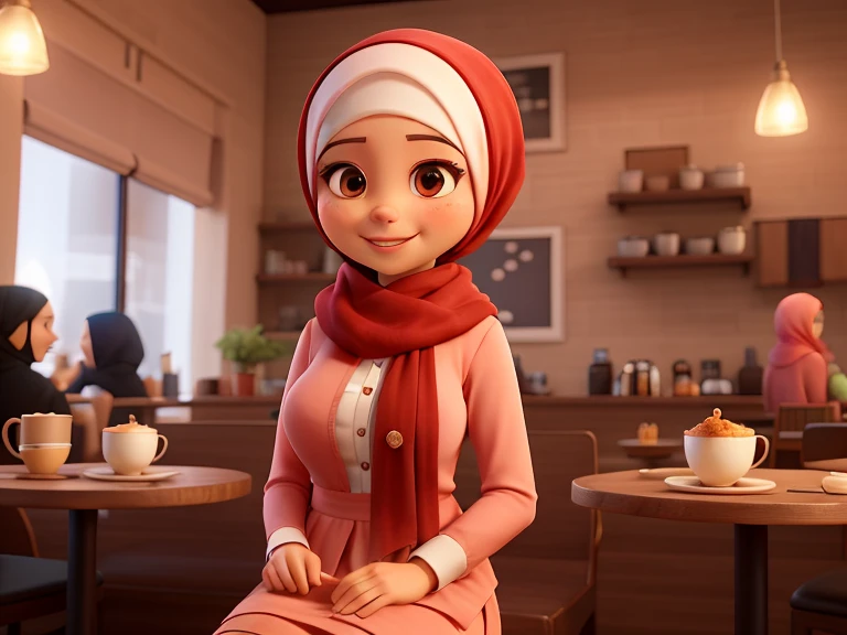 A single Malay female, cute Malay looks, 41 years old, chubby, wearing peach color hijab (covering over the breast), wearing loose abaya, wearing long skirt, sitting and relaxing, enjoying coffee and croissant in a classy cafe, looking at viewer, smiling