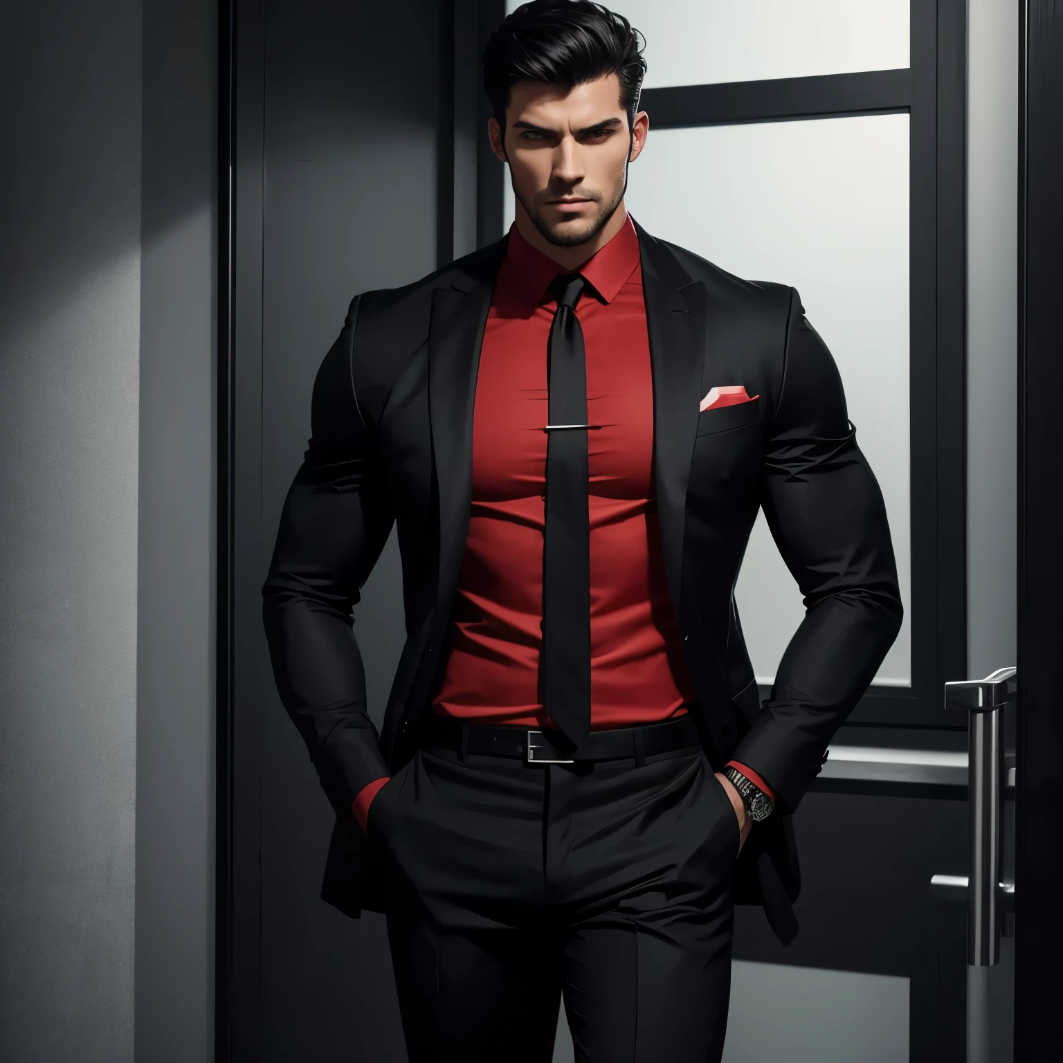 A handsome man with a shirt black and red suit. He is muscle and tall. Black short hair. Image full body