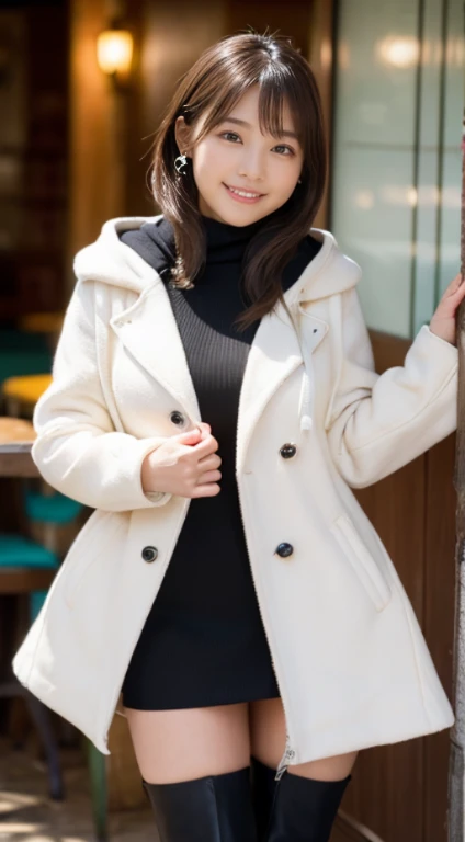 (Photorealistic), (ultra high realistic), (The ultra -The high-definition目), (ultra high detailed), (Increase contrast), (Increase saturation), ( super beautiful girl), (light skinned)A pretty woman with perfect figure, Bright smile,, (Lifelike face), a short bob、Hair hanging over the ears, Realistic eyes, natural make up、beautiful detail, (real looking skin), Beautiful skins, enticing, The ultra -The high-definition, A hyper-realistic, Realistic, Very detailed,, bangss), (Tight black knit miniskirt dress、)(Outerwear is a short white hooded coat、Opening the front)((White knee high boots))japanese cute idol, I can see the cleavage) Brown hair,((Stylish café))Inviting Pose、Beautiful valley、beutiful breast、thin-waist、big butts、Knee-deep angle