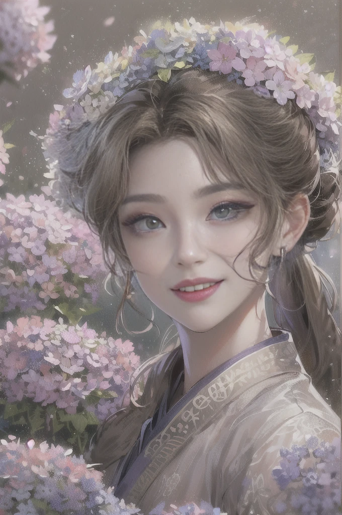 Work, outstanding product, natta, full moon, 1 woman, mature woman, Korean style, Beautiful smile, ligh brown hair, updo, Red lips, calm, intellectual, hair pin, hair flower, Detailed facial details, Detailed Eyes, s whole body, grey eyes, Long hair, hydrangea
