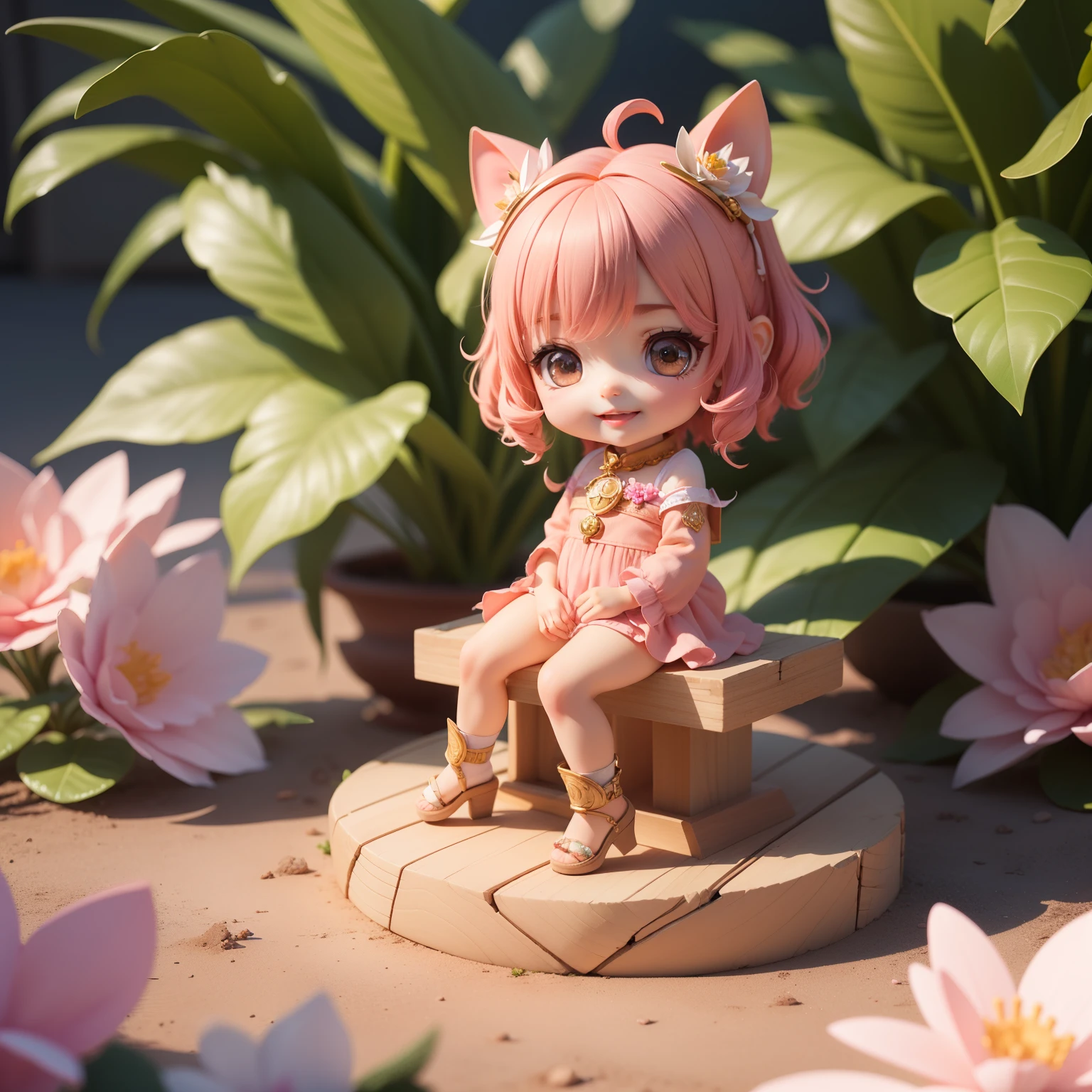 Cute Baby Chibi selena mobile legend,(((Chibi 3D))) (Best Quality) (Master Price)、(Chibi :1.3)、Sitting on smoky pink flowers、specimen、houseplant、Open your mouth and smile、Jewelry Decoration Costumes