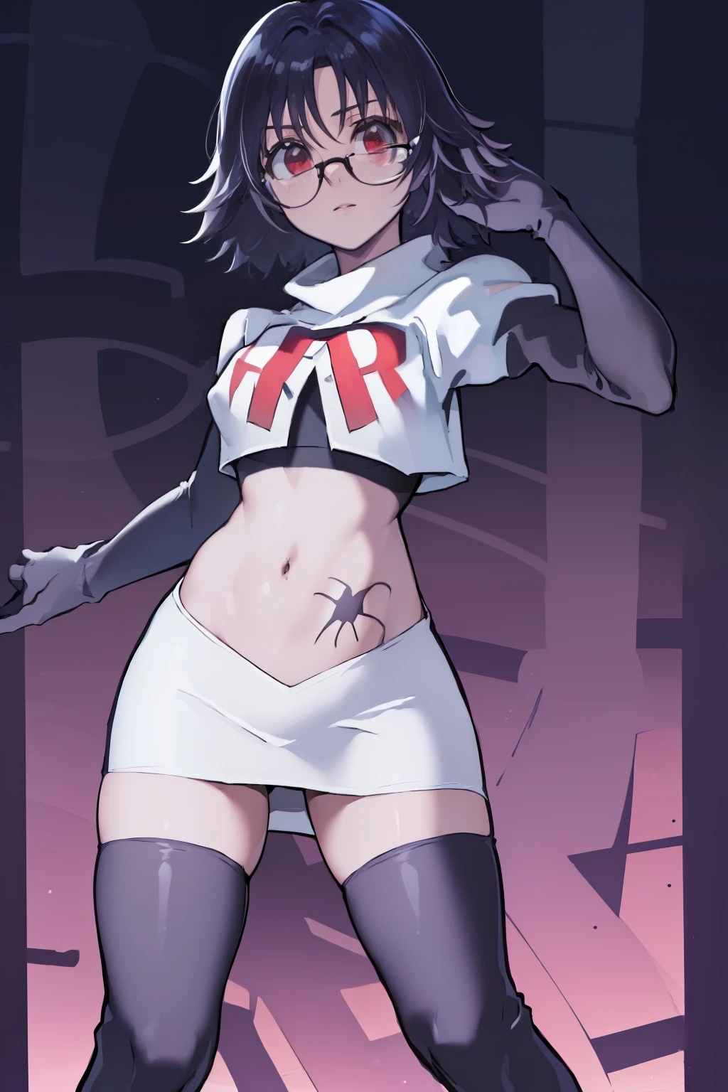 ((masterpiece,best quality)), absurdres,
Shizuku_Murasaki, glasses, stomach tattoo, 
solo, looking at viewer, cowboy shot, 
cinematic composition, team rocket,team rocket uniform,white skirt,red letter R,crop top,black thigh-highs,black elbow gloves