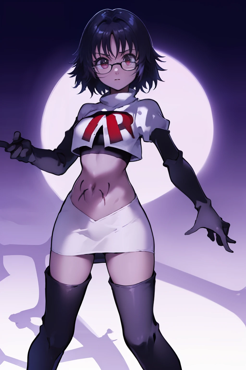 ((masterpiece,best quality)), absurdres,
Shizuku_Murasaki, glasses, stomach tattoo, 
solo, looking at viewer, cowboy shot, 
cinematic composition, team rocket,team rocket uniform,white skirt,red letter R,crop top,black thigh-highs,black elbow gloves