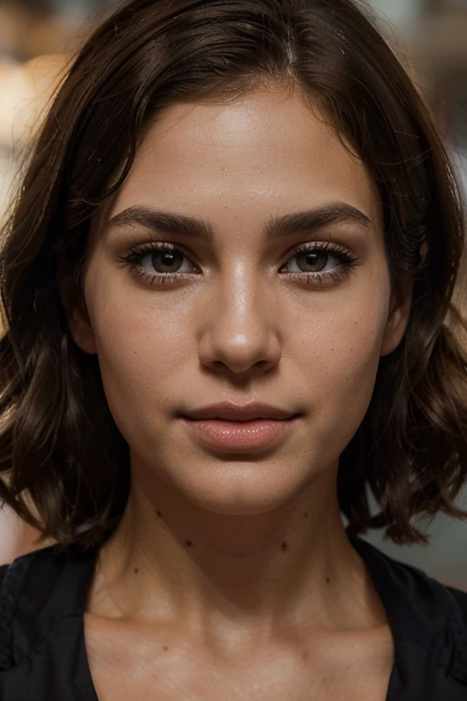 Breathtaking cinematic photo of a 30 year old girl with brown hair and brown eyes, happy, cheerful expression, closed mouth, beautiful lips, intricate details, shallow depth of field, highly detailed, high budget, epic Hollywood film, gorgeous, masterpiece, award-winning, professional, highly detailed, detailed skin texture, (blush: 0.5), (goosebumps: 0.5). (the most beautiful woman in the world) (brown hair) (short curly hair, wild hair, stylish cut) thin face, thin nose, beautiful, very beautiful, perfect face, slender body (slender), (brown hair) (brown eyes ) (white skin) Beautiful body, western face, predatory eyes, pink lips, thick thighs. full body, western beauty, thin nose, beautiful, perfect, ((best quality)), ((ultra resolution)), ((photorealistic: 1.4)), (intricate details), perfect face, makeup: 1.5 , clear face, facial details. front view ((uniform, tactical costume, agent costume, spy)) hot bubs