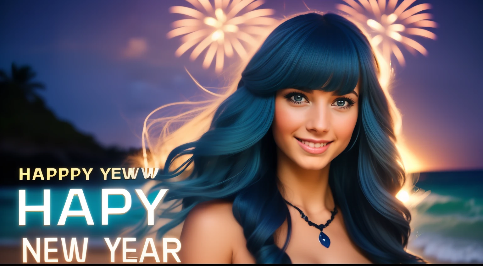 (text in "Happy new year!":1.2), masterpiece, Best Quality, Standing, Lieselotte Cretia, light smile, Long hair, Wavy Hair, Bangs, hair between eye, Hair Bow, Blue eyes, (Blue hair:1), resort dress, Beach, night fireworks scene, cinematic lighting