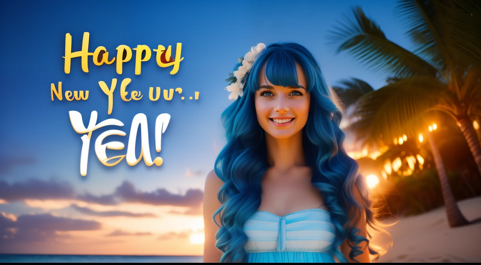 (text in "Happy new year!":1.2), masterpiece, Best Quality, Standing, Lieselotte Cretia, light smile, Long hair, Wavy Hair, Bangs, hair between eye, Hair Bow, Blue eyes, (Blue hair:1), resort dress, Beach, night fireworks scene, cinematic lighting