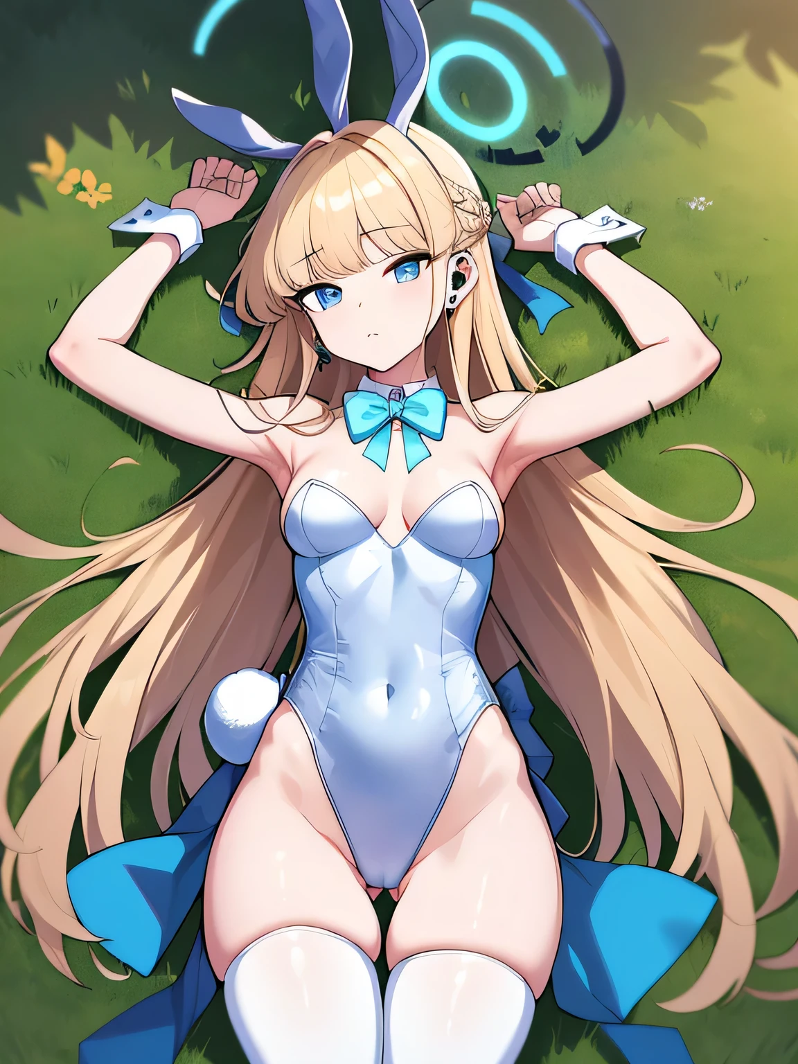 best quality, masterpiece, toki, halo, long hair, rabbit ears, detached collar bowtie, bunny leotard, white thighhighs, bunny tail, earpiece, earrings, hair ribbon, wrist cuffs, looking at viewer, head tilt, expressionless, seiza, expressionless, closed_mouth, lying, on back, on grass, center, spread arms, arms up, cowboy shot,
