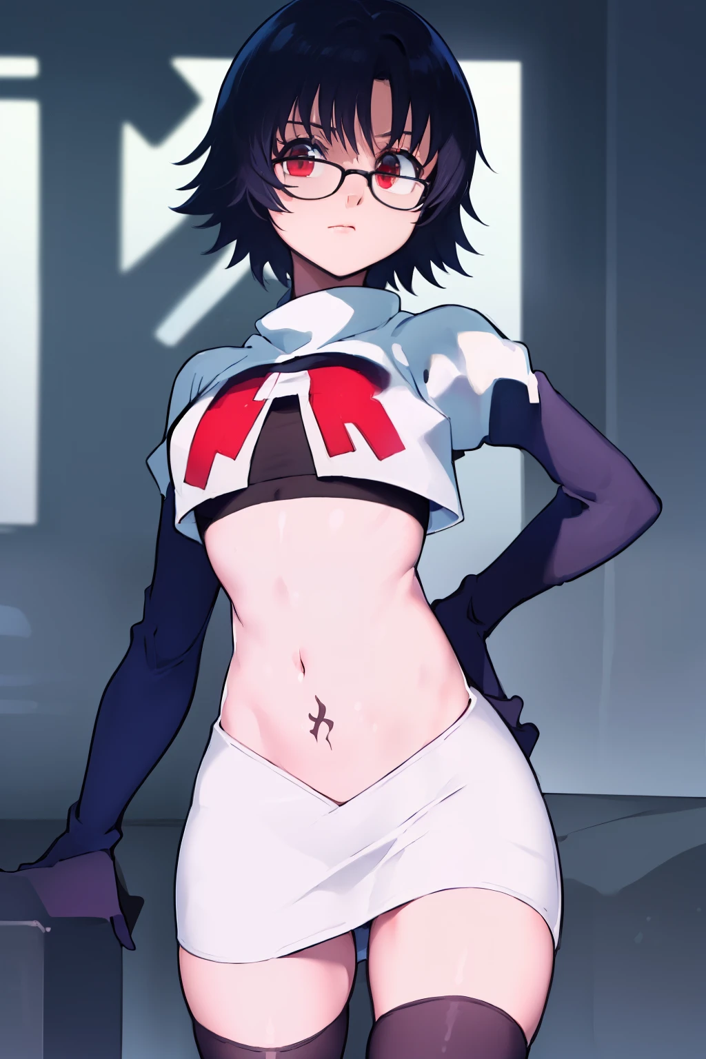 ((masterpiece,best quality)), absurdres,
Shizuku_Murasaki, glasses, stomach tattoo, 
solo, looking at viewer, cowboy shot, 
cinematic composition, team rocket,team rocket uniform,white skirt,red letter R,crop top,black thigh-highs,black elbow gloves