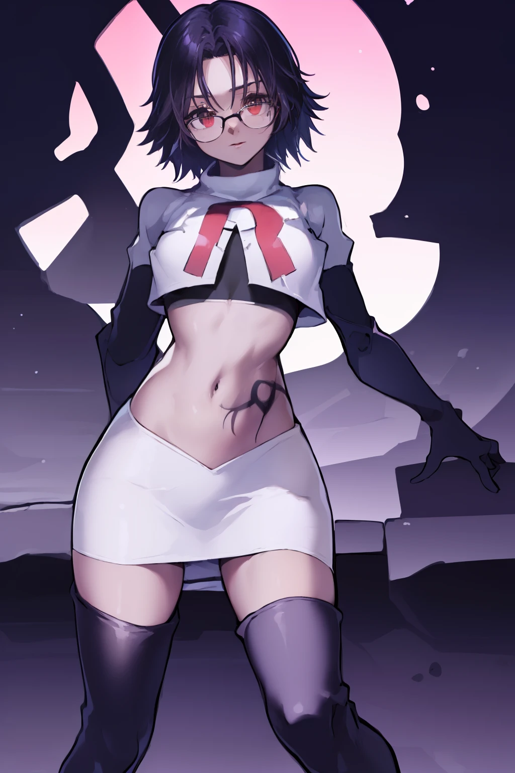 ((masterpiece,best quality)), absurdres,
Shizuku_Murasaki, glasses, stomach tattoo, 
solo, looking at viewer, cowboy shot, 
cinematic composition, team rocket,team rocket uniform,white skirt,red letter R,crop top,black thigh-highs,black elbow gloves