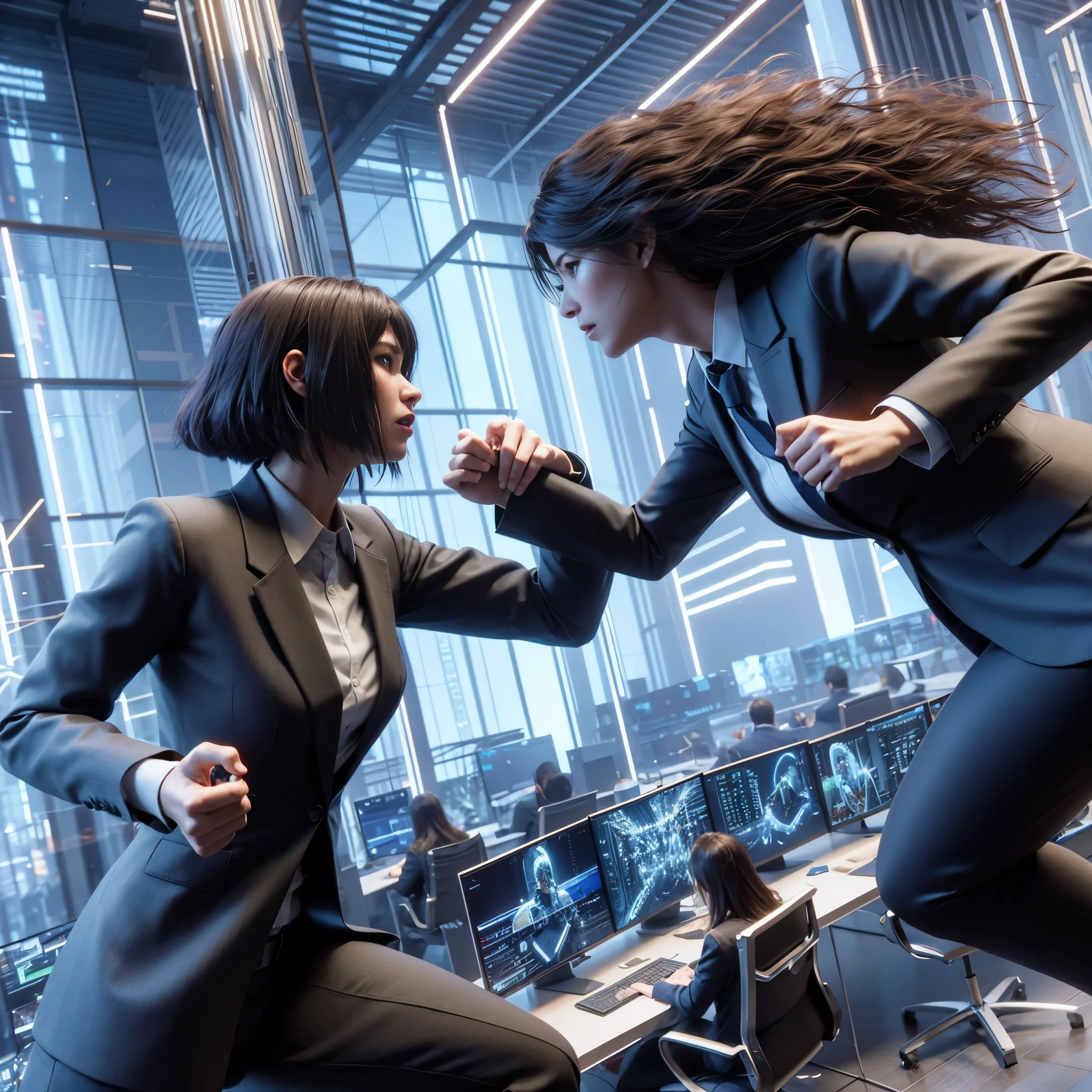 two women in business suits are fighting in a large room, unreal engine. film still, solo performance unreal engine, cinematic mid shot fight, detailed cinematic render, cg art, highly detailed vfx scene, cinematic 3d render, cinematic action scene, highly detailed vfx, action scene screenshot, 2020 video game screenshot, cinematic render unreal engine, animation style render