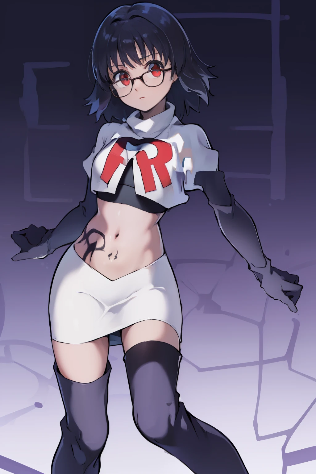 ((masterpiece,best quality)), absurdres,
Shizuku_Murasaki, glasses, stomach tattoo, 
solo, looking at viewer, cowboy shot, 
cinematic composition, team rocket,team rocket uniform,white skirt,red letter R,crop top,black thigh-highs,black elbow gloves