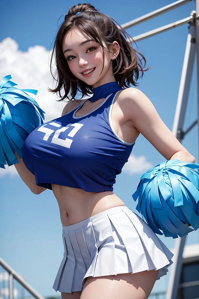 A cute 21 year old woman with gigantic breasts in a cheerleader outfit of loose crop top and pleated skirt with underneath smiling with blue skies seen ((desde abajo))