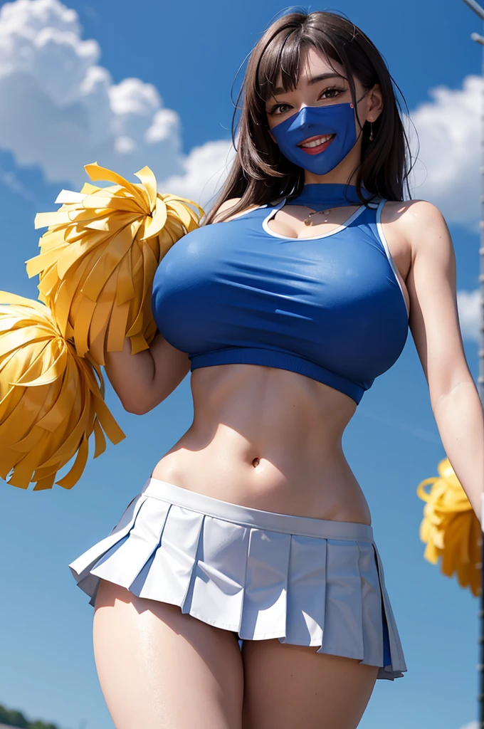 A cute 21 year old woman with gigantic breasts in a cheerleader outfit of loose crop top and pleated skirt with underneath smiling with blue skies seen ((desde abajo))