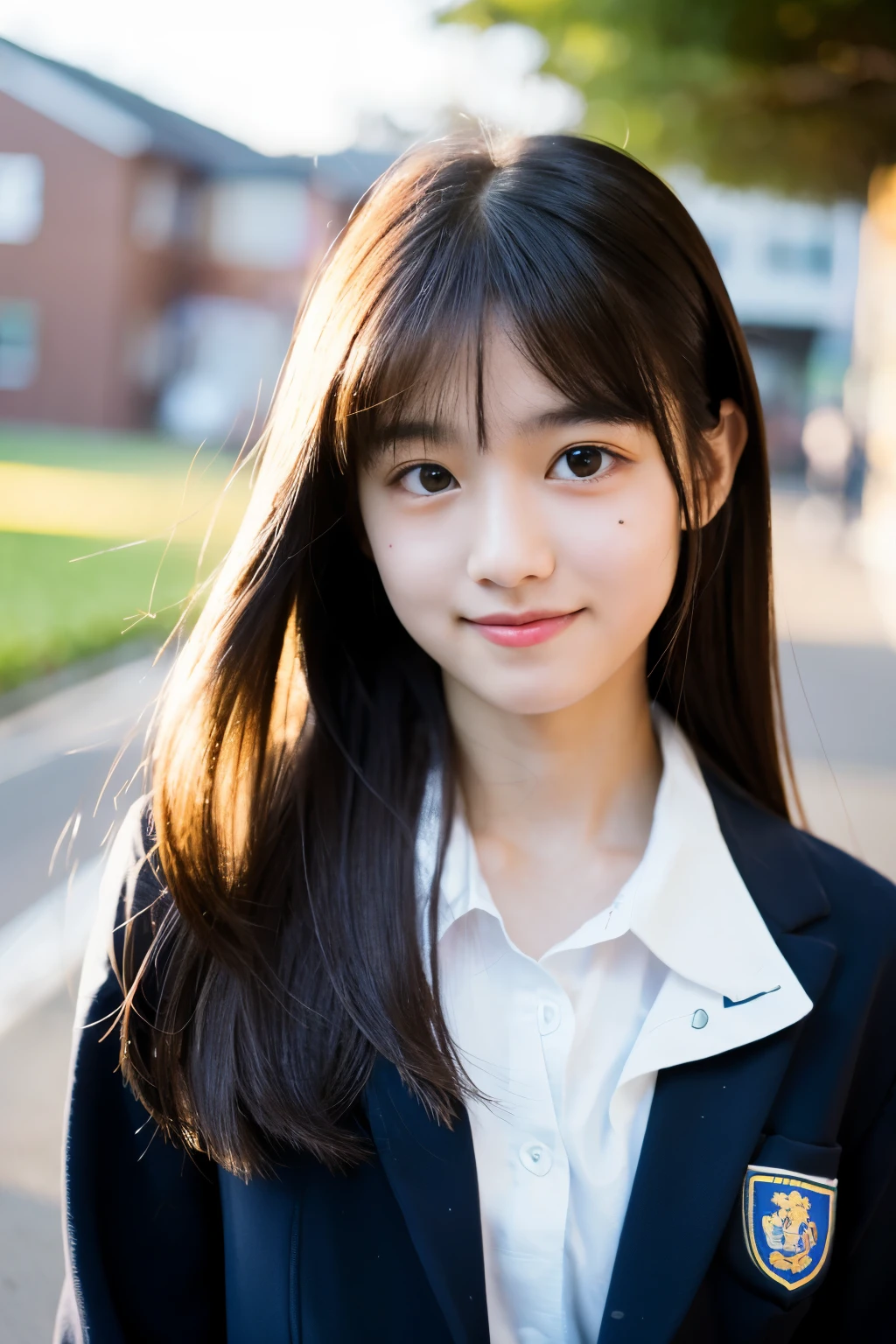 (top-quality,8K picture quality,masterpiece:1.3),(A high resolution,Photorealsitic:1.4,Raw photography),(ultra-detailliert,Caustics,Detailed background),(Ultra-realistic capture,Beautifully detailed skin,perfect anatomia),at the sunset,Sunset sky,school buildings,school ground,18year old ,Kawaii,Single eyelid,Black long hair
,School Blazer Uniform,Looking at the camera,A smile,Bust-up shot,natural soft light