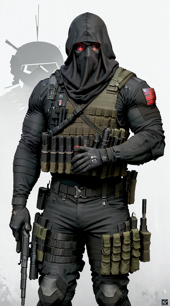 a man in a black uniform holding a rifle and a red light, airsoft cqb, rb6s), special forces, fps shooter game, rb6s, rb 6 s, monochrome and red color bleed, fps game, military photography, hq 4k phone wallpaper, french special ops, game promotional poster, warzone background, helghast, airsoft close quarter combat, konig-222-444, long black sniper cloth mask covering face, big, muscled, Austrian man, tall, giant