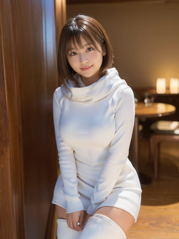 (Photorealistic), (ultra high realistic), (The ultra -The high-definition目), (ultra high detailed), (Increase contrast), (Increase saturation), (12 year old super beautiful girl), (light skinned)A pretty woman with perfect figure, Bright smile,, (Lifelike face), a short bob、Hair hanging over the ears, Realistic eyes, natural make up、beautiful detail, (real looking skin), Beautiful skins, enticing, The ultra -The high-definition, A hyper-realistic, Realistic, Very detailed,, bangss), (Tight white knit miniskirt dress、I can see the cleavage)(The outerwear is a brown short coat with a hood.、Opening the front)(((White knee high boots)))japanese cute idol, I can see the cleavage) Brown hair,((Stylish café))Inviting Pose、Beautiful valley、beutiful breast、thin-waist、big butts、Knee-deep angle、