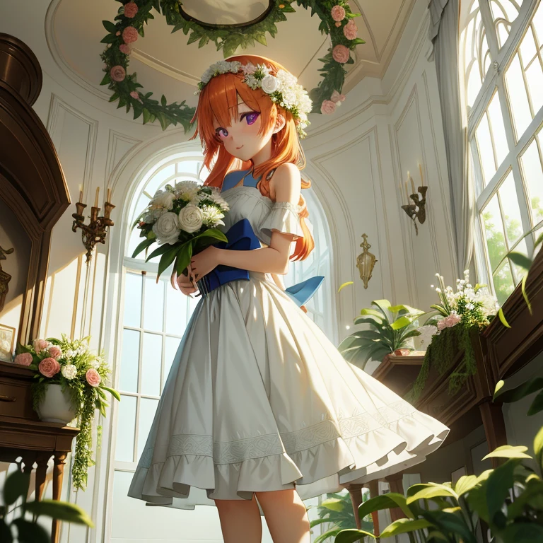 Anime girl in a white dress with a bouquet in the room, Rin, loli in dress, Cute anime waifu in a nice dress, guweiz on pixiv artstation, Anime art wallpaper 8k, anime art wallpaper 4k, anime art wallpaper 4k, guweiz on artstation pixiv, guweiz, Anime visuals of cute girls