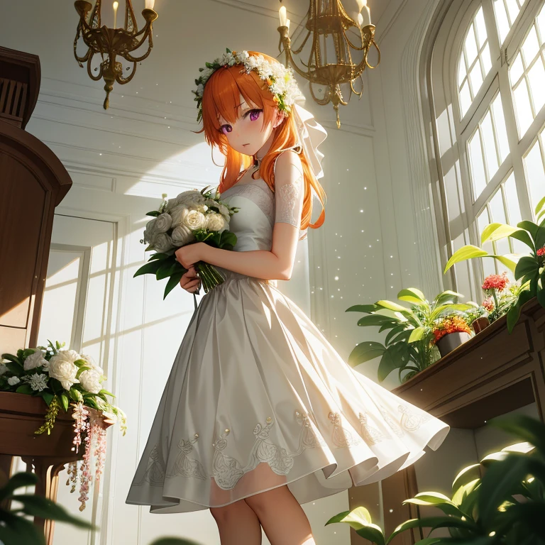 Anime girl in a white dress with a bouquet in the room, Rin, **** in dress, Cute anime waifu in a nice dress, guweiz on pixiv artstation, Anime art wallpaper 8k, anime art wallpaper 4k, anime art wallpaper 4k, guweiz on artstation pixiv, guweiz, Anime visuals of cute girls