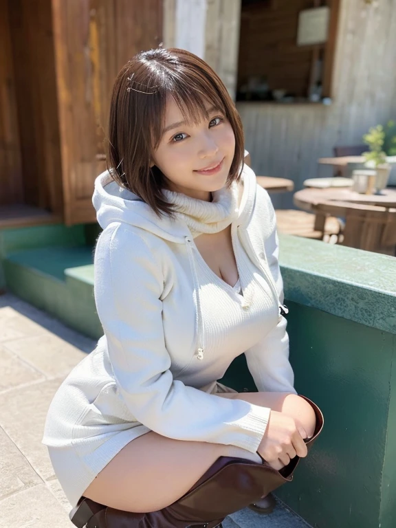 (Photorealistic), (ultra high realistic), (The ultra -The high-definition目), (ultra high detailed), (Increase contrast), (Increase saturation), (12 year old super beautiful girl), (light skinned)A pretty woman with perfect figure, Bright smile,, (Lifelike face), a short bob、Hair hanging over the ears, Realistic eyes, natural make up、beautiful detail, (real looking skin), Beautiful skins, enticing, The ultra -The high-definition, A hyper-realistic, Realistic, Very detailed,, bangss), (Tight white knit miniskirt dress、)(The outerwear is a brown short coat with a hood.、Opening the front)(((White knee high boots)))japanese cute idol, I can see the cleavage) Brown hair,((Stylish café))Inviting Pose、Beautiful valley、beutiful breast、thin-waist、big butts、Knee-deep angle