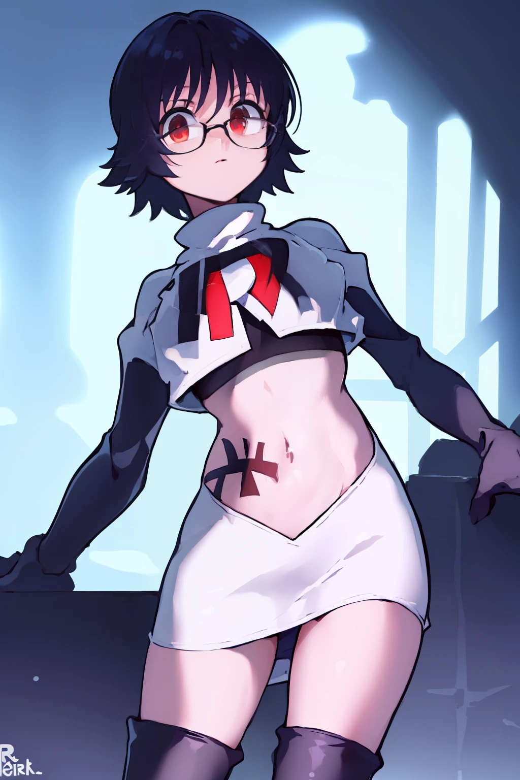 ((masterpiece,best quality)), absurdres,
Shizuku_Murasaki, glasses, stomach tattoo, 
solo, looking at viewer, cowboy shot, 
cinematic composition, team rocket,team rocket uniform,white skirt,red letter R,crop top,black thigh-highs,black elbow gloves