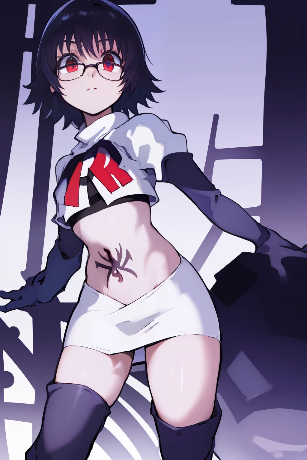 ((masterpiece,best quality)), absurdres,
Shizuku_Murasaki, glasses, stomach tattoo, 
solo, looking at viewer, cowboy shot, 
cinematic composition, team rocket,team rocket uniform,white skirt,red letter R,crop top,black thigh-highs,black elbow gloves