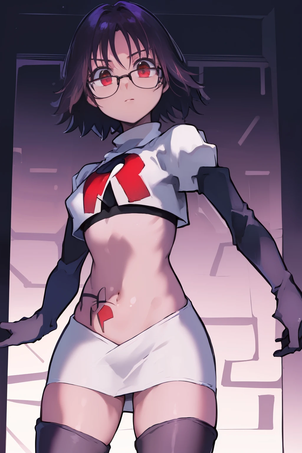 ((masterpiece,best quality)), absurdres,
Shizuku_Murasaki, glasses, stomach tattoo, 
solo, looking at viewer, cowboy shot, 
cinematic composition, team rocket,team rocket uniform,white skirt,red letter R,crop top,black thigh-highs,black elbow gloves