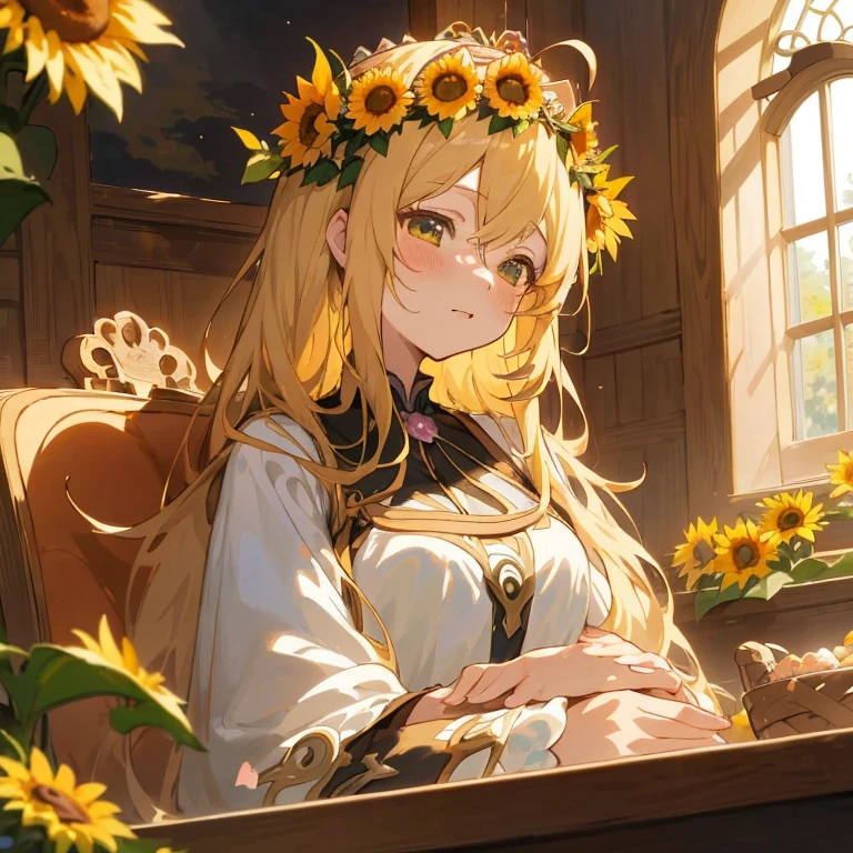 Anime girl with long blonde hair and flower crown sitting in front of the window, blonde anime girl with long hair, Beautiful sunflower anime girl, anime style 4 k, Violet Evergarden, Beautiful anime girl, Anime visuals of cute girls, blonde - haired princess, the goddess of autumn harvest, young anime girl, Beautiful Anime Portrait, anime goddess, guweiz