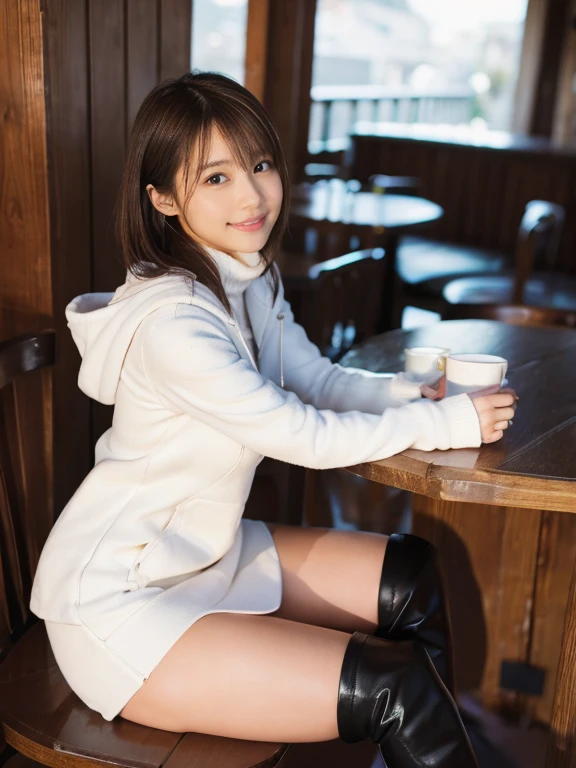 (Photorealistic), (ultra high realistic), (The ultra -The high-definition目), (ultra high detailed), (Increase contrast), (Increase saturation), (12 year old super beautiful girl), (light skinned)A pretty woman with perfect figure, Bright smile,, (Lifelike face), a short bob、Hair hanging over the ears, Realistic eyes, natural make up、beautiful detail, (real looking skin), Beautiful skins, enticing, The ultra -The high-definition, A hyper-realistic, Realistic, Very detailed,, bangss), (Tight white knit miniskirt dress、)(The outerwear is a brown short coat with a hood.、Opening the front)(((White knee high boots)))japanese cute idol, I can see the cleavage) Brown hair,((Stylish café))Inviting Pose、Beautiful valley、beutiful breast、thin-waist、big butts、Knee-deep angle